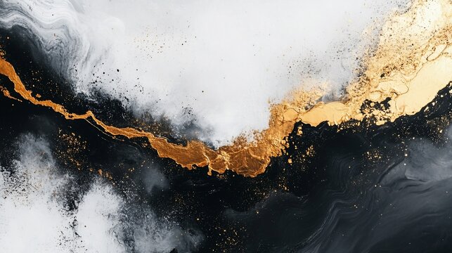 Elegant abstract black and white painting with gold accents creating a striking modern artistic impression