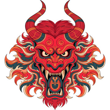 Fierce Red Demon Head Illustration With Horns and Flaming Mane on Transparent Background
