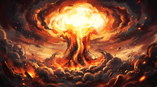 Massive nuclear explosion mushroom cloud with explosion mushroom destructive catastrophe dangerous apocalypse disaster shockwave atmosphere