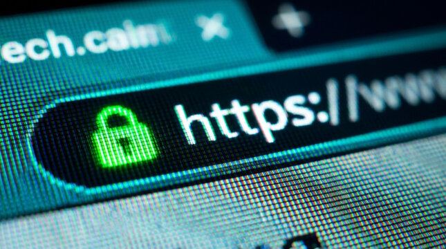 Macro Close-up of HTTPS Protocol and Green Padlock Icon on Web Browser Address Bar for Cyber Security