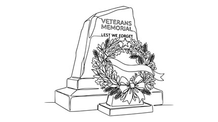 Fototapeta premium Veterans Memorial Stone with Wreath, Lest We Forget, Isolated Line Art