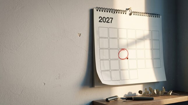 Wall calendar turned to a blank 2027 monthly grid with one date circled in red marker striped by hard morning sun on cracked plaster, representing new year planning and fresh calendar concept