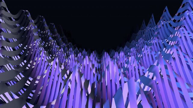 Smooth 3D ribbons undulate and flow continuously through a deep canyon-like space. Glowing with calm blue light, this elegant abstract loop is perfect for a modern presentation background.