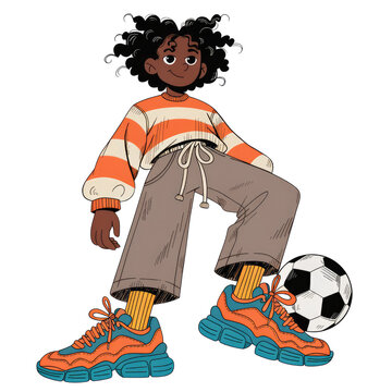 Illustrated Young Girl with Curly Hair Standing with Foot on Soccer Ball Wearing Striped Shirt and Sneakers