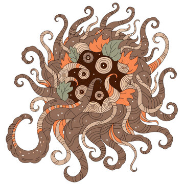 Illustrated Tentacled Creature with Swirling Arms and Abstract Eyes on Transparent Background