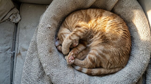 Overhead view of a ginger cat curled in a spiral with its head tucked under a paw in a bobbled knit blanket hollow crossed by a warm sun bar, representing cosy cat rest and home comfort concept