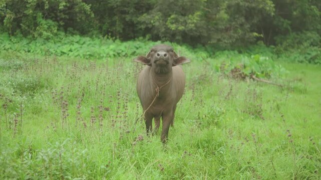Young water buffalo standing in a green grassy field with forest in background