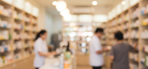 Fototapeta na wymiar A blurred interior of a pharmacy showing shelves filled with various medicines and two pharmacists attending to customers.