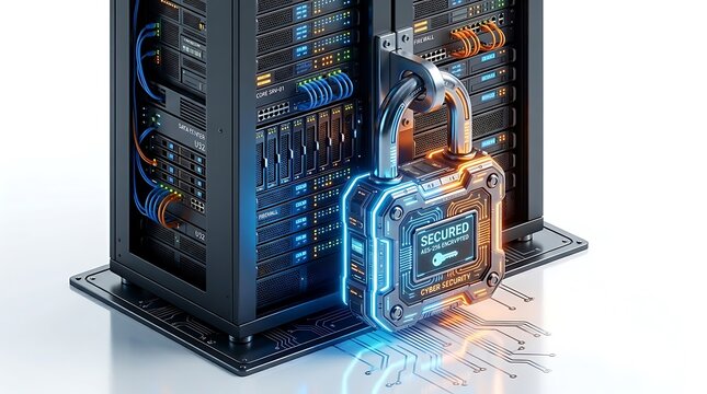 Server rack remains protected by a heavy digital security padlock.