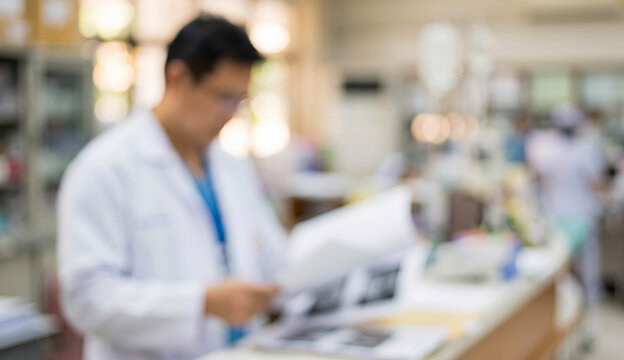 A blurred image of a medical professional reviewing documents in a laboratory setting. The focus is on the documents and the professional in a white coat.