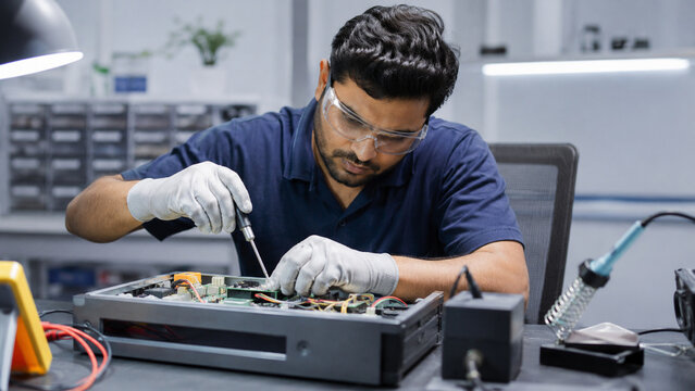 Skilled South Asian Electronics Technician Repairing Modern Equipment