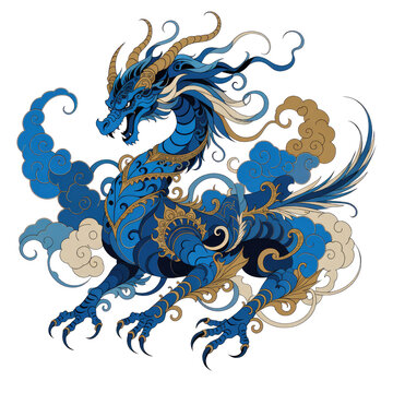Ornate Blue and Gold Asian Dragon Illustration With Swirling Clouds on Transparent Background