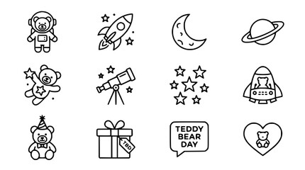 Fototapeta premium Space Teddy Bear Icons Set: Astronaut, Rocket, Moon, Planet, Telescope, Stars, Gift, Heart
