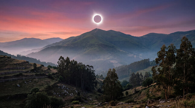 &Eacute;clipse solaire annulaire spectaculaire captur&eacute;e au-dessus d'une cha&icirc;ne de montagnes brumeuses au lever du jour, illustrant un rare ph&eacute;nom&egrave;ne astronomique naturel