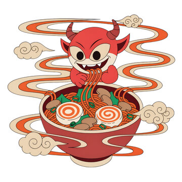 Red Devil Character Eating Spicy Ramen Noodles From a Bowl With Swirling Steam and Clouds Illustration