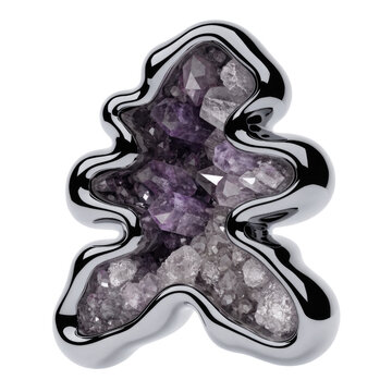 Polished Silver Amethyst Geode Figurine with Crystal Clusters on Transparent Background