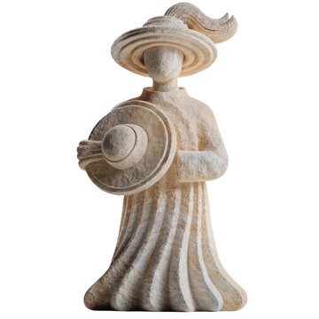 Stone Figurine of a Woman in a Wide-Brimmed Hat Holding a Round Hat with Textured Rustic Finish