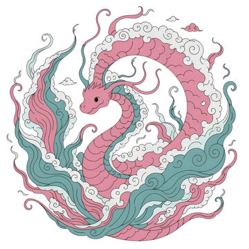 Stylized Pink and Teal Dragon Coiled in Swirling Circular Design with Flowing Tendrils on Transparent Background