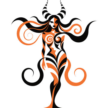 Stylized Tribal Woman with Horns and Swirling Orange and Black Body Art Illustration on Transparent Background
