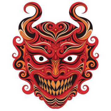 Traditional Japanese Oni Demon Mask Illustration with Red and Gold Ornamental Details on Transparent Background