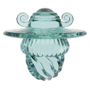 Translucent Aqua Glass Jellyfish Figurine with Spiral Tentacles on Transparent Background
