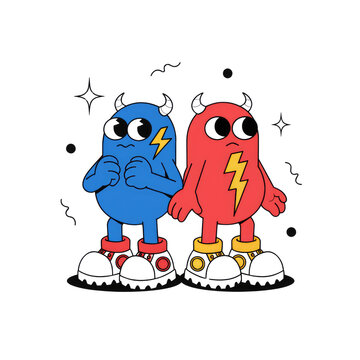 Two Colorful Cartoon Monster Characters Standing Together With Lightning Bolt Symbols on Transparent Background