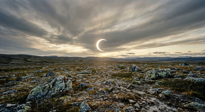 &Eacute;clipse solaire annulaire spectaculaire visible dans un ciel nuageux au-dessus d'un paysage de toundra sauvage, cr&eacute;ant un ph&eacute;nom&egrave;ne astronomique rare et fascinant
