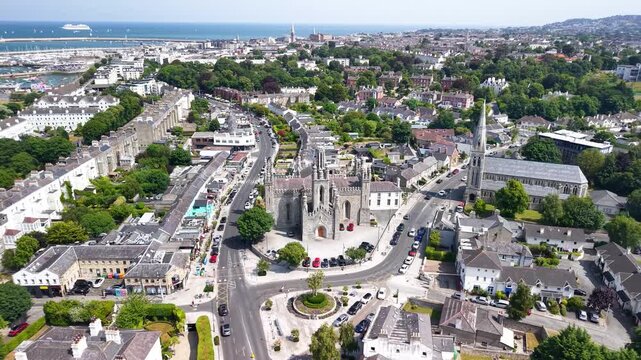 Scenic aerial of historic Monkstown Church in D&uacute;n Laoghaire on sunny summer day