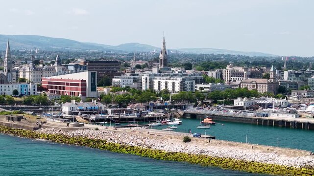 Vibrant summer aerial of D&uacute;n Laoghaire coastal town and Dublin Bay waterfront
