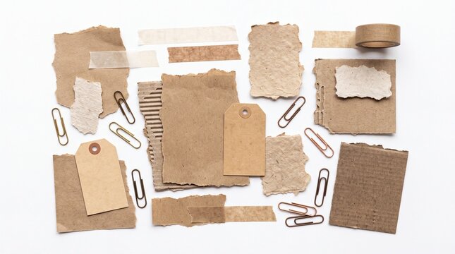 Set of brown paper notes labels and metal paper clips