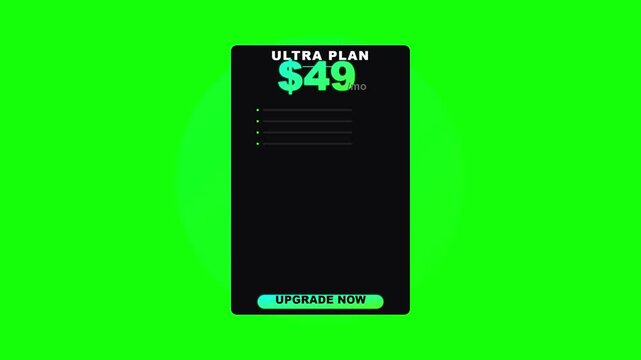 Ultra plan subscription card animation on green screen