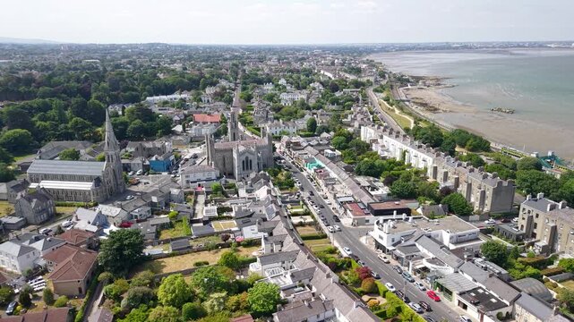 Aerial scenic panorama of Monkstown toward Dublin city, seaside historic town. Ireland