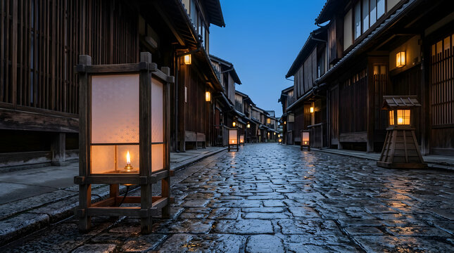 夕暮れの行灯が幻想的に灯る伝統的な古い町並み