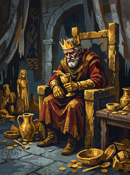 king Midas sits despondently on a stone throne that has turned entirely to gold. He stares down in despair at a drinking goblet in his hands, Graphic poster style illustration