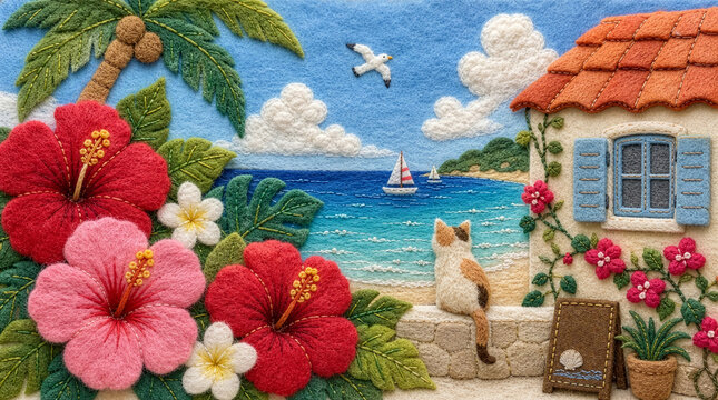 季節の風景。フェルトと刺繍で表現した夏の情景。海と入道雲とヨット。ハイビスカスが咲く海辺の夏休み。