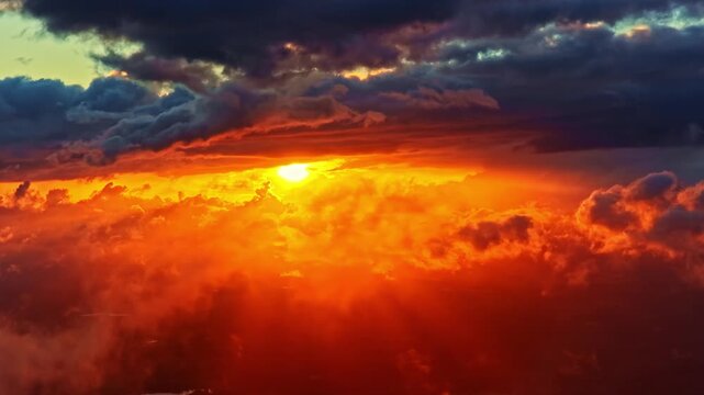 Dramatic sun rays break through dense clouds at sunset, illuminating the sky