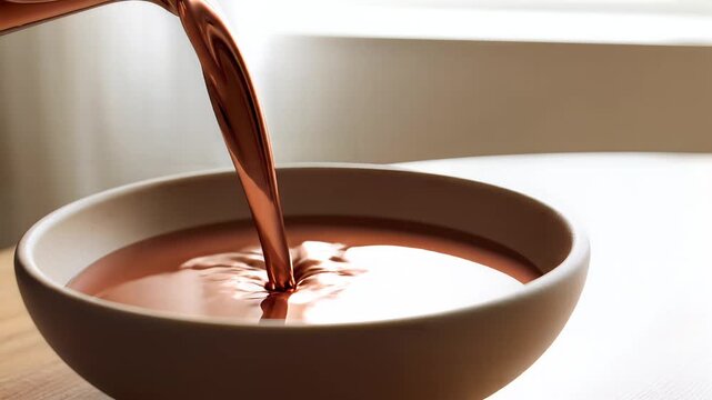 Liquid chocolate pouring from a pitcher into a bowl