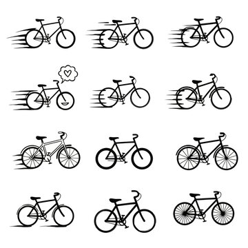 A collection of various graphic representations depicting multiple fast moving bicycles demonstrating different styles of athletic transport vehicles for leisure and regular daily urban commute
