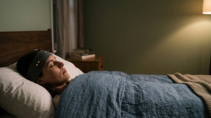 Fototapeta premium Woman using smart health patch for continuous monitoring while sleeping in a comfortable bedroom environment