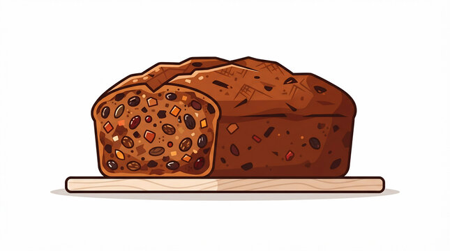 Freshly baked traditional fruitcake loaf with dried fruits and nuts on a wooden cutting board, vector illustration