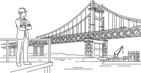 Fototapeta premium A construction engineer standing on a platform overseeing a bridge project.