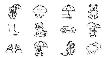 Obraz premium Cute Teddy Bears and Rain Icons Set - Vector Illustrations