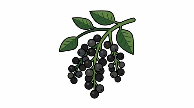 Detailed Vector Illustration of a Ripe Elderberry Branch Featuring Dark Purple Berries and Vibrant Green Leaves for Organic Food and Botanical Design Projects