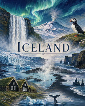 Iceland Travel Poster with Northern Lights, Waterfall, Volcano and Puffin
