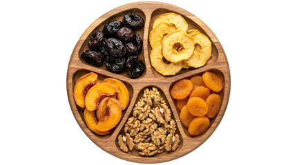 Fototapeta premium Assorted Dried Fruits and Nuts Served in Wooden Compartments transparent background
