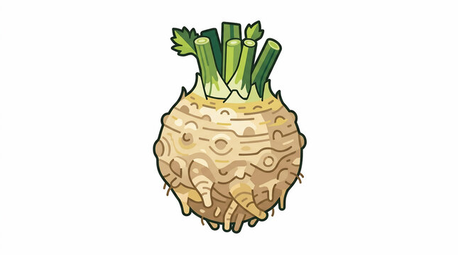 Fresh organic celeriac root with green stalks isolated vector illustration, healthy vegetable graphic design element