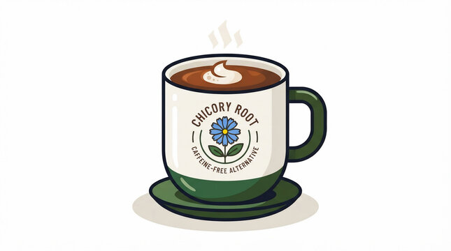 Vector illustration of a hot chicory root coffee alternative beverage in a mug with whipped cream and a saucer