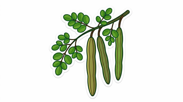 Fresh moringa oleifera branch with green leaves and drumstick seed pods vector illustration isolated on white background