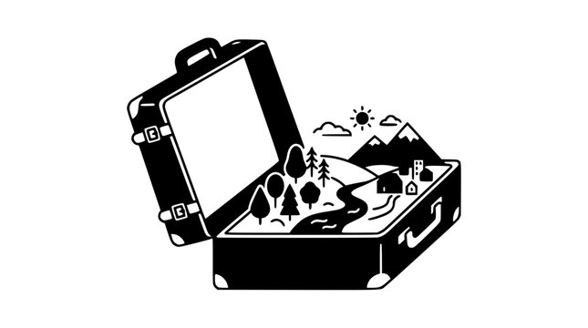 Open vintage travel suitcase illustration featuring a miniature landscape with mountains and trees rendered in a bold black and white vector graphic style to represent the concept of exploration and a