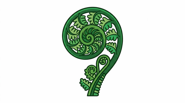 Green fern frond koru symbol vector illustration isolated on white background stylized silver fern fiddlehead spiral growth icon